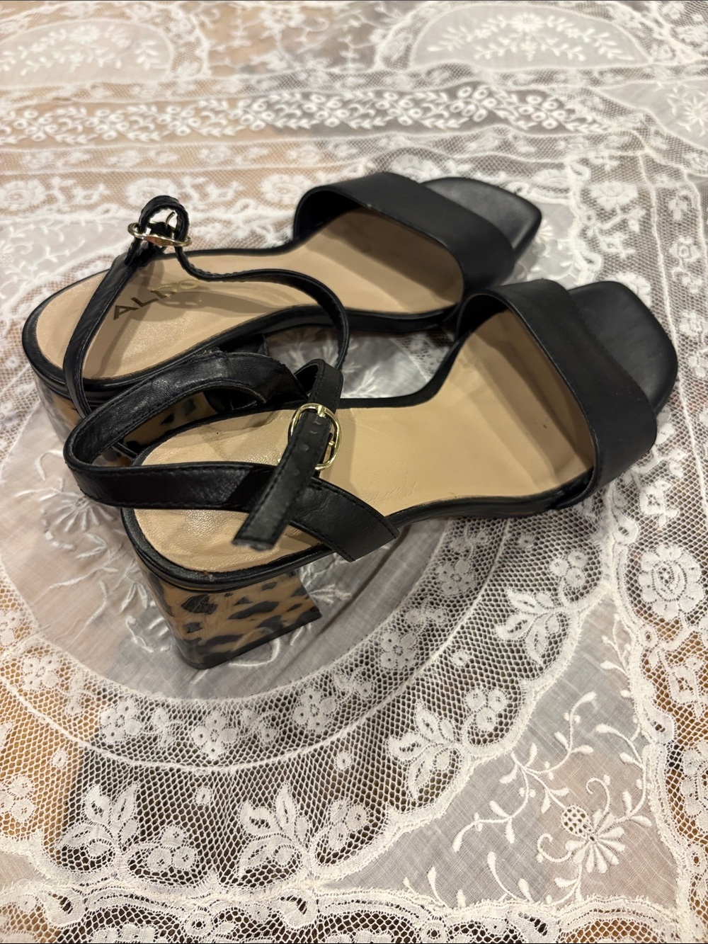 Aldo Black Leather Open-Toe Sandals with Leopard-Print Block Heel